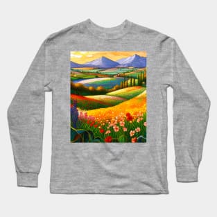 Stained Glass Colorful Mountain Meadow Long Sleeve T-Shirt